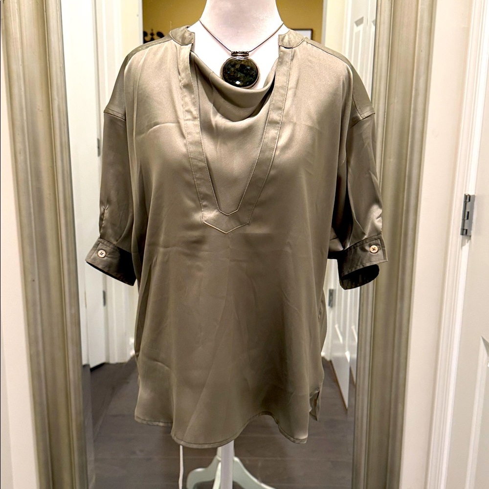 Derek Lam for Design Nation Misty Olive Green Satin blouse Short sleeves NWOT
